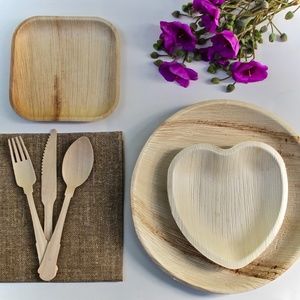 palm leaf plates 10 pic 10" Round - 10 pic 6"Heart -30 pice cutlery- 10 pic 6"